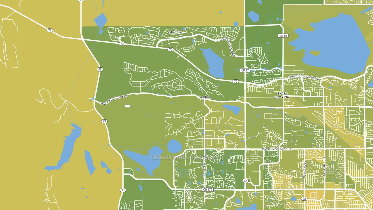 Map of the best neighborhoods in the 80007 area, with better matches in green and worse matches in red