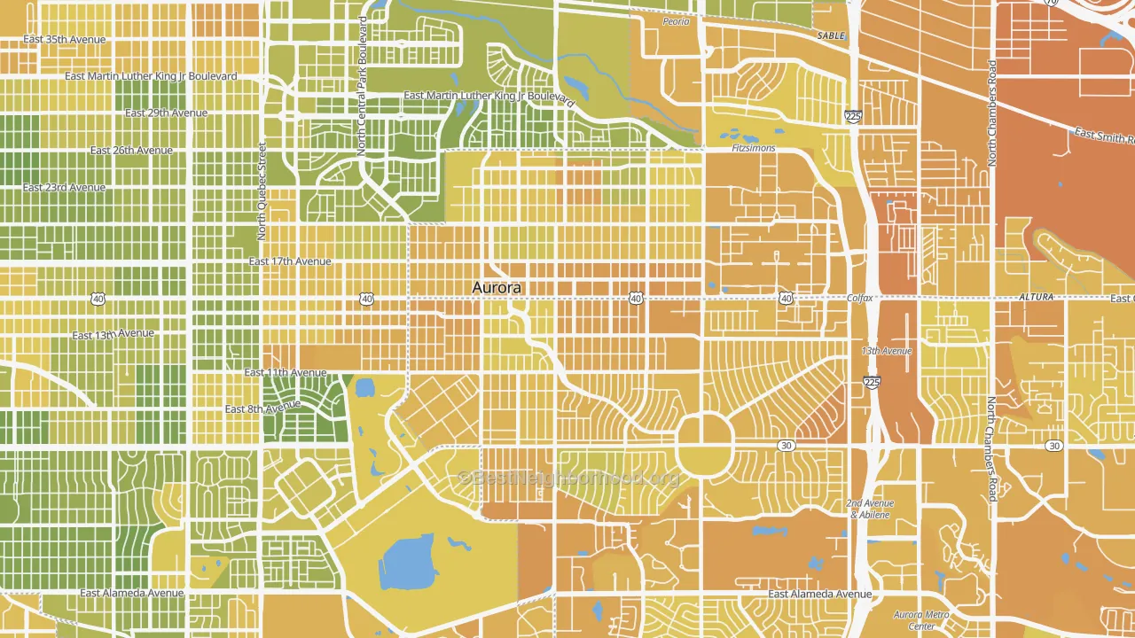 Map of the best neighborhoods in the 80010 area, with better matches in green and worse matches in red
