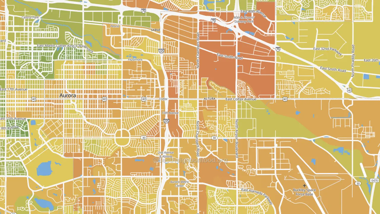 Map of the best neighborhoods in the 80011 area, with better matches in green and worse matches in red