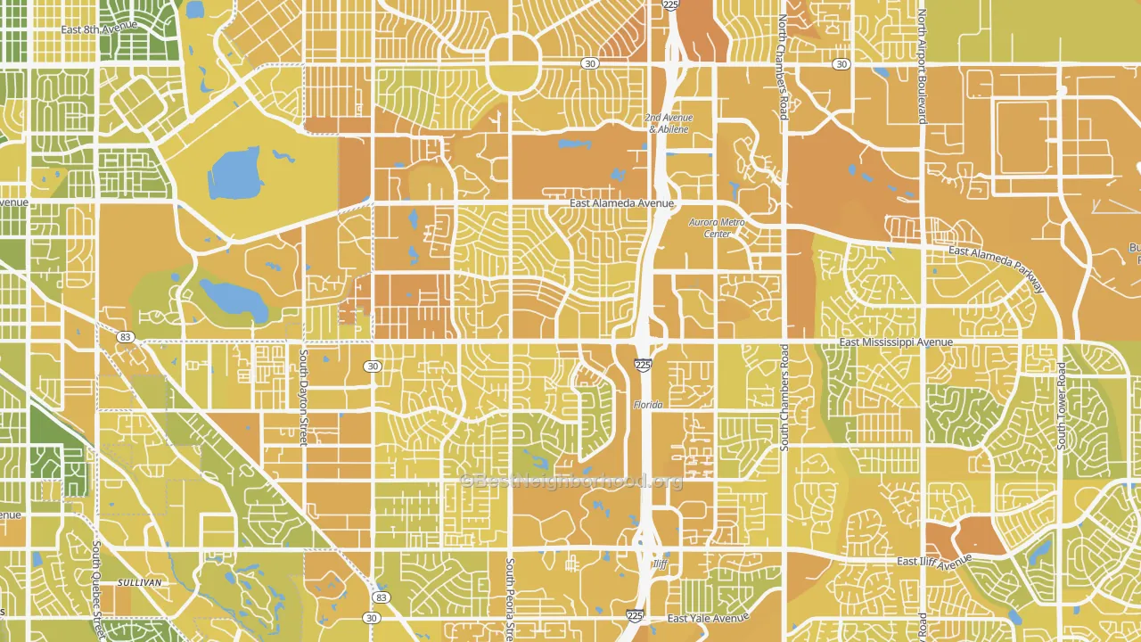 Map of the best neighborhoods in the 80012 area, with better matches in green and worse matches in red