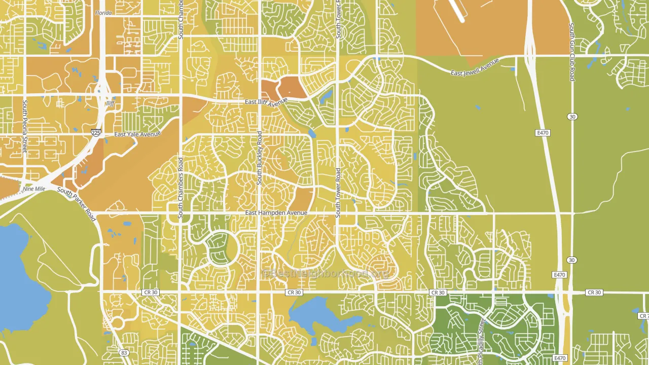 Map of the best neighborhoods in the 80013 area, with better matches in green and worse matches in red