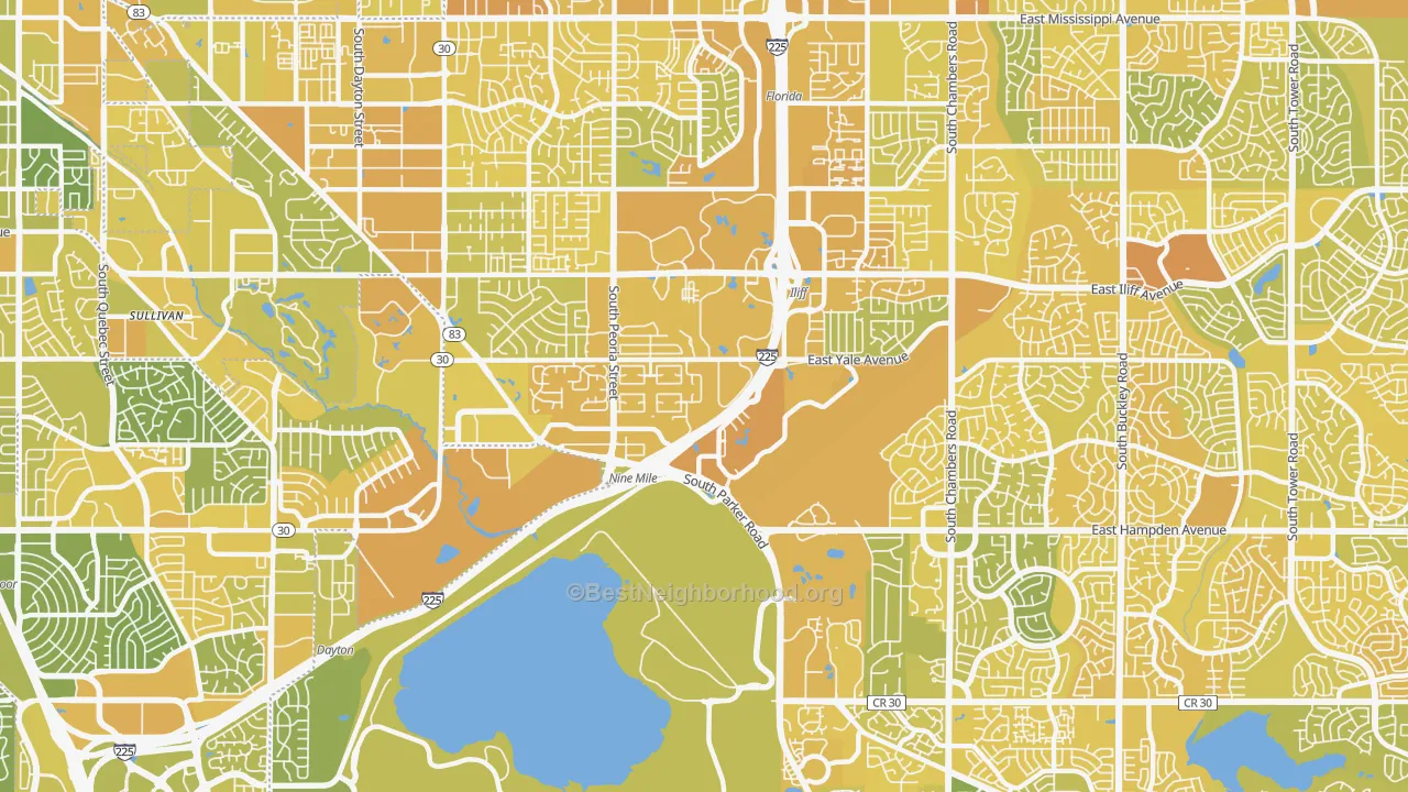 Map of the best neighborhoods in the 80014 area, with better matches in green and worse matches in red