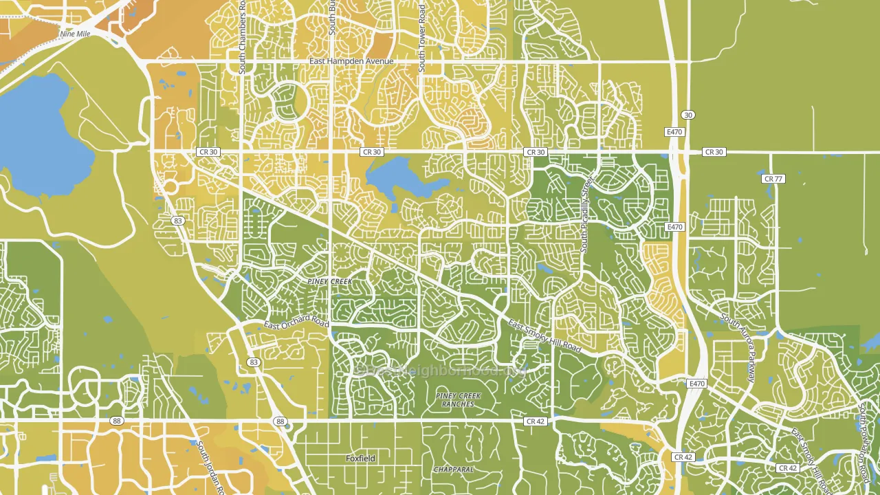 Map of the best neighborhoods in the 80015 area, with better matches in green and worse matches in red
