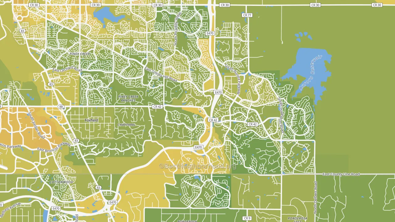 Map of the best neighborhoods in the 80016 area, with better matches in green and worse matches in red