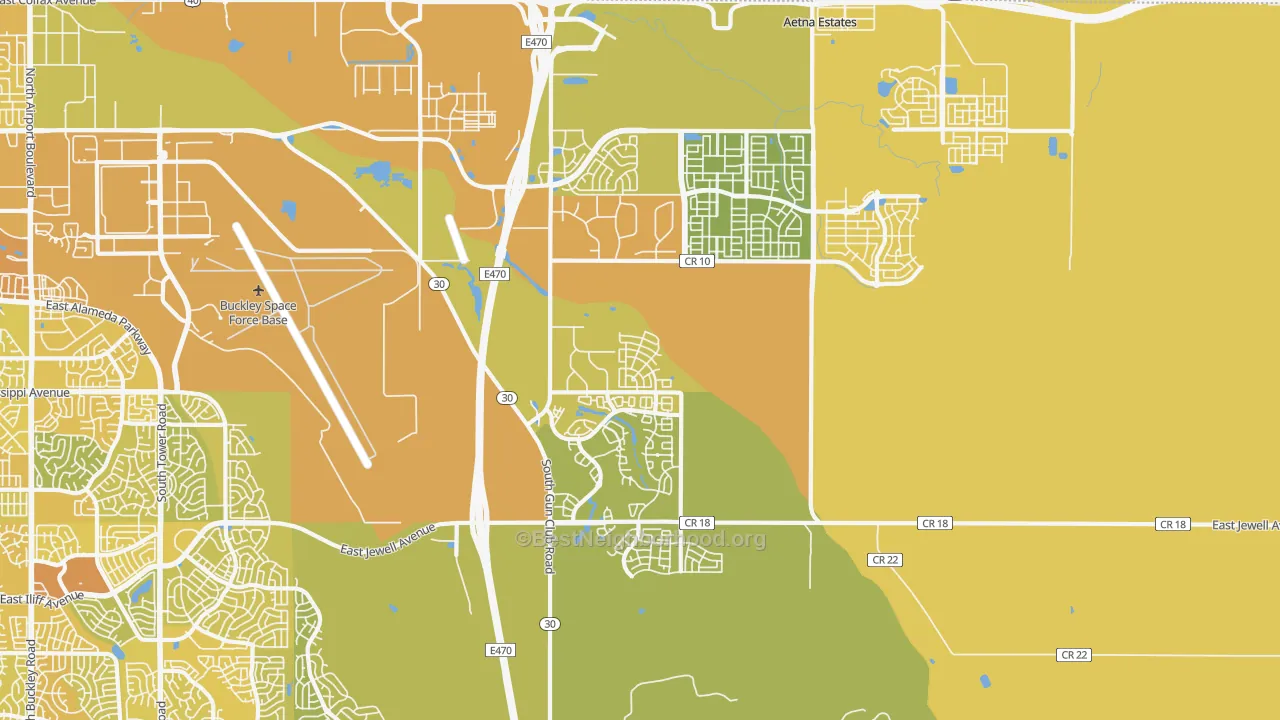 Map of the best neighborhoods in the 80018 area, with better matches in green and worse matches in red