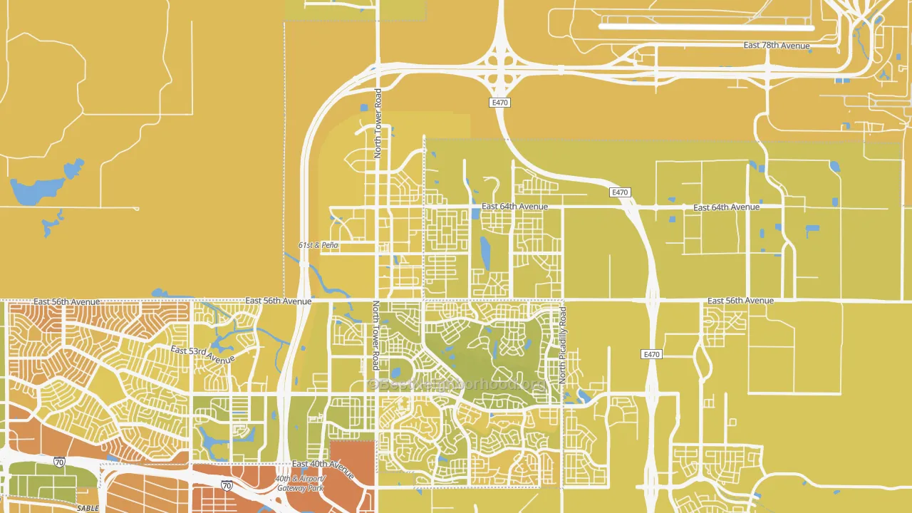 Map of the best neighborhoods in the 80019 area, with better matches in green and worse matches in red