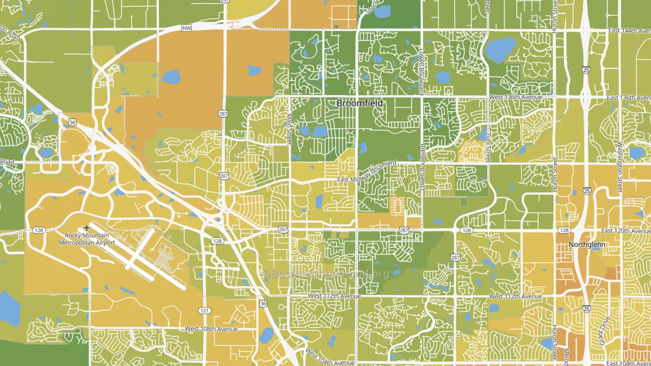 Map of the best neighborhoods in the 80020 area, with better matches in green and worse matches in red