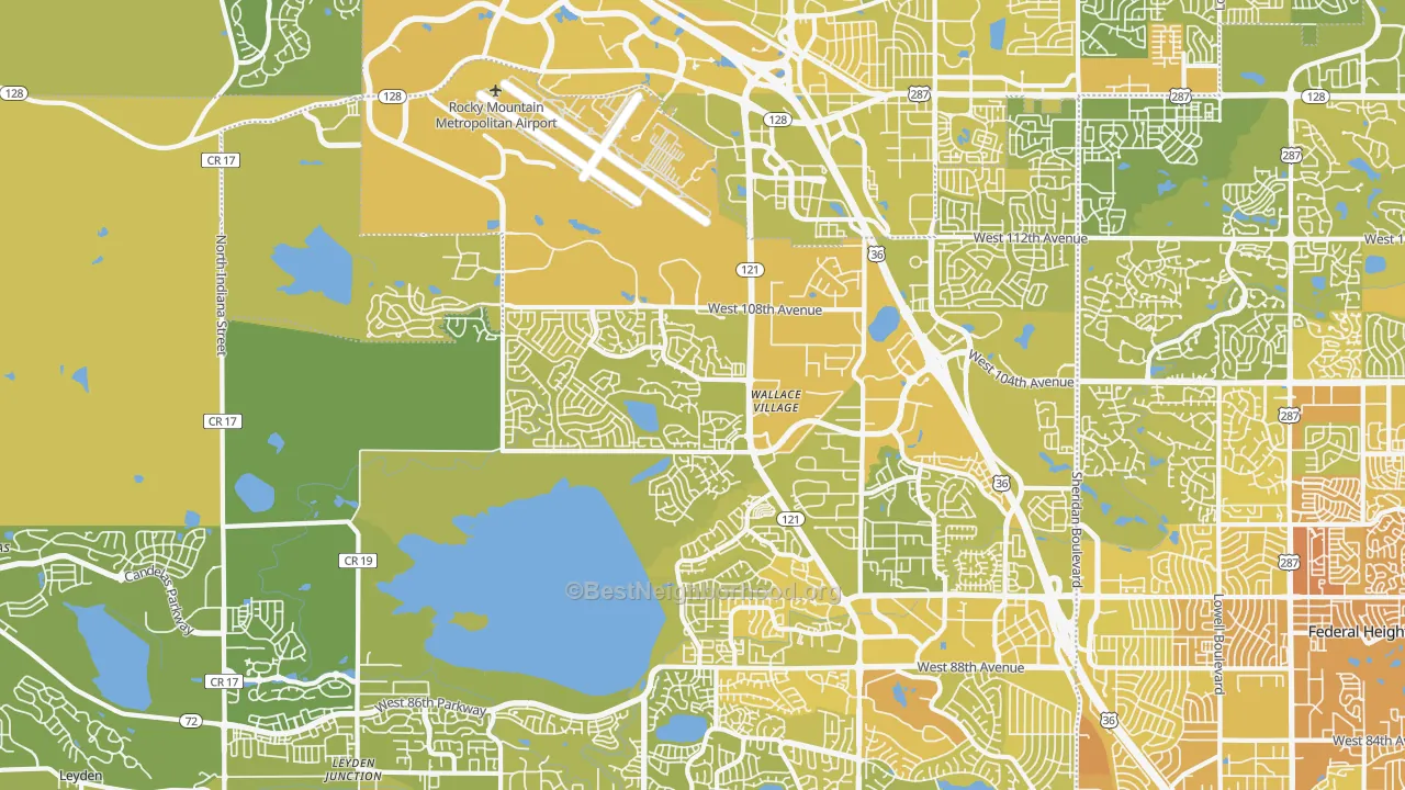 Map of the best neighborhoods in the 80021 area, with better matches in green and worse matches in red