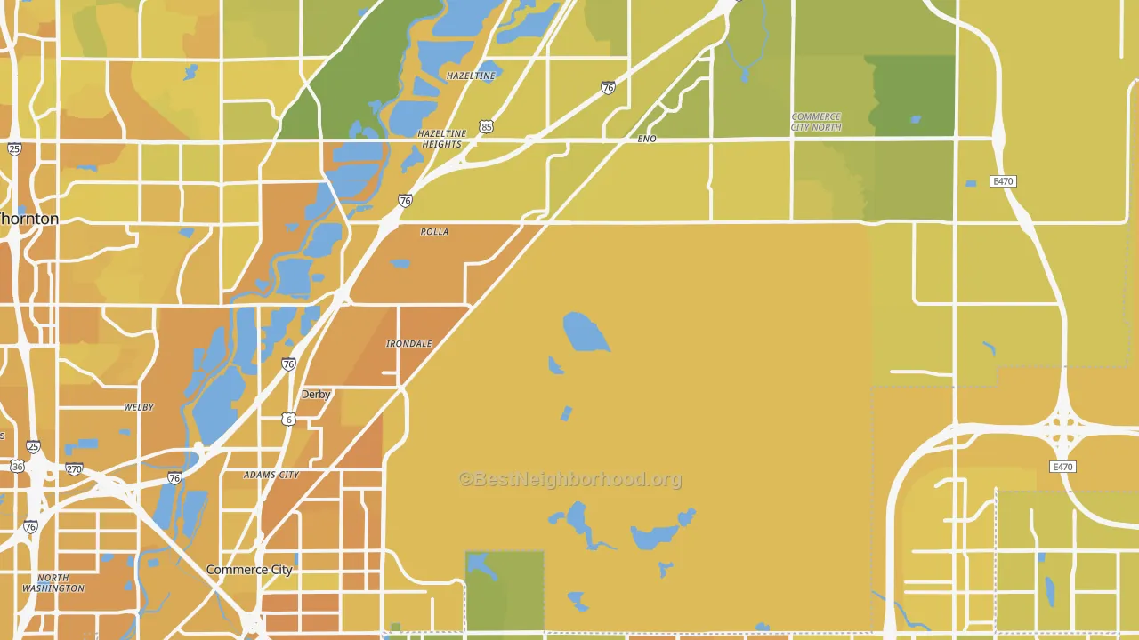 Map of the best neighborhoods in the 80022 area, with better matches in green and worse matches in red