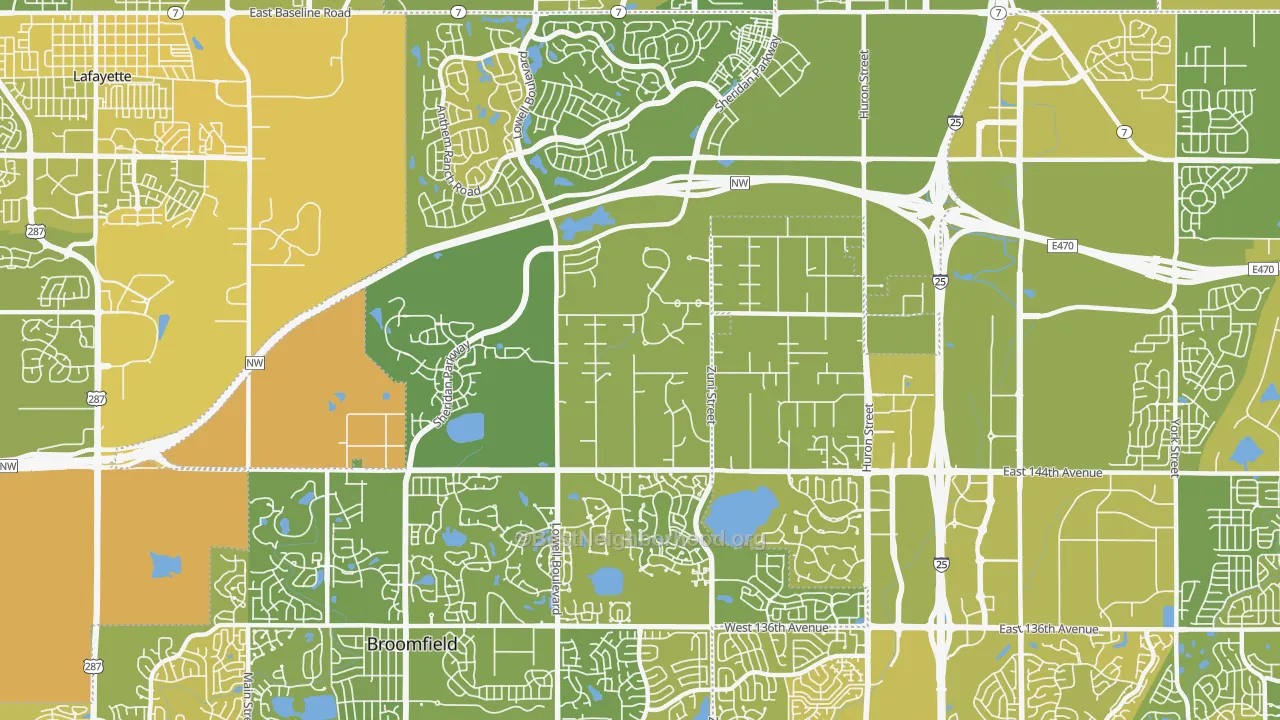 Map of the best neighborhoods in the 80023 area, with better matches in green and worse matches in red