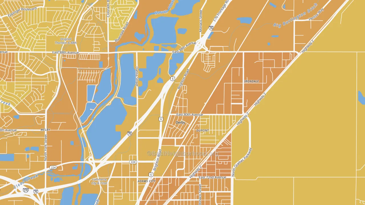 Map of the best neighborhoods in the 80024 area, with better matches in green and worse matches in red