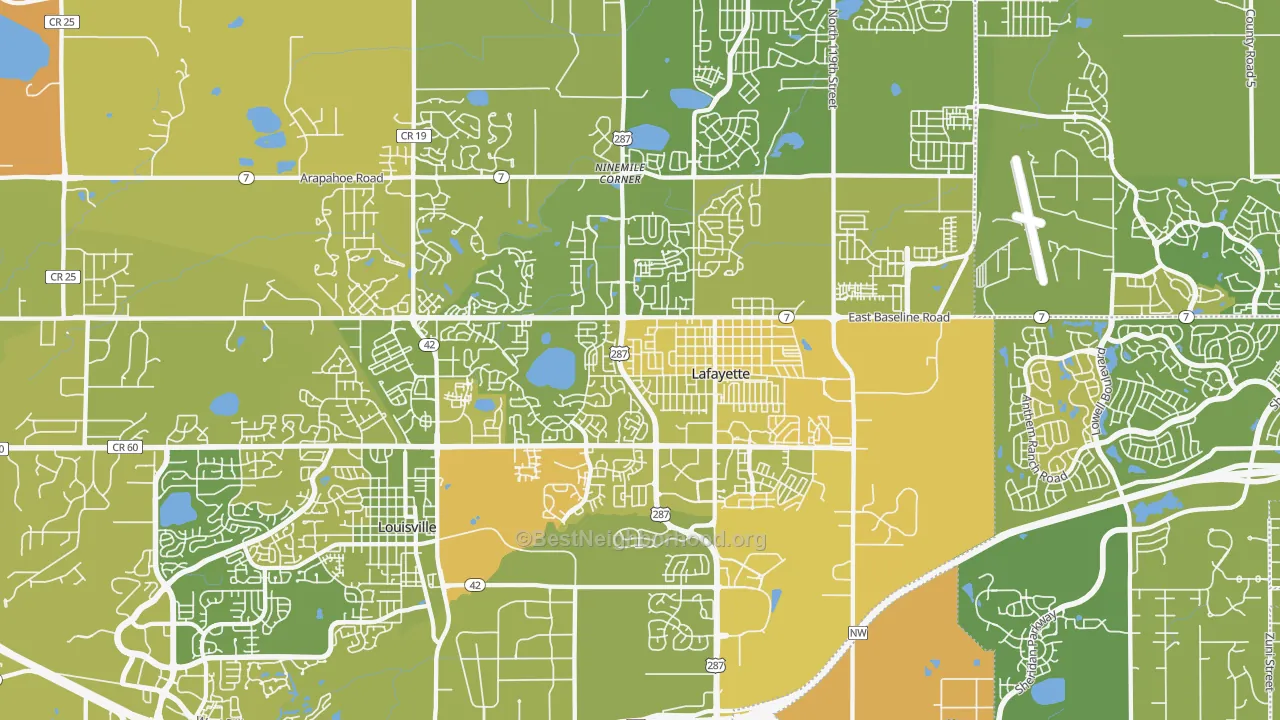 Map of the best neighborhoods in the 80026 area, with better matches in green and worse matches in red