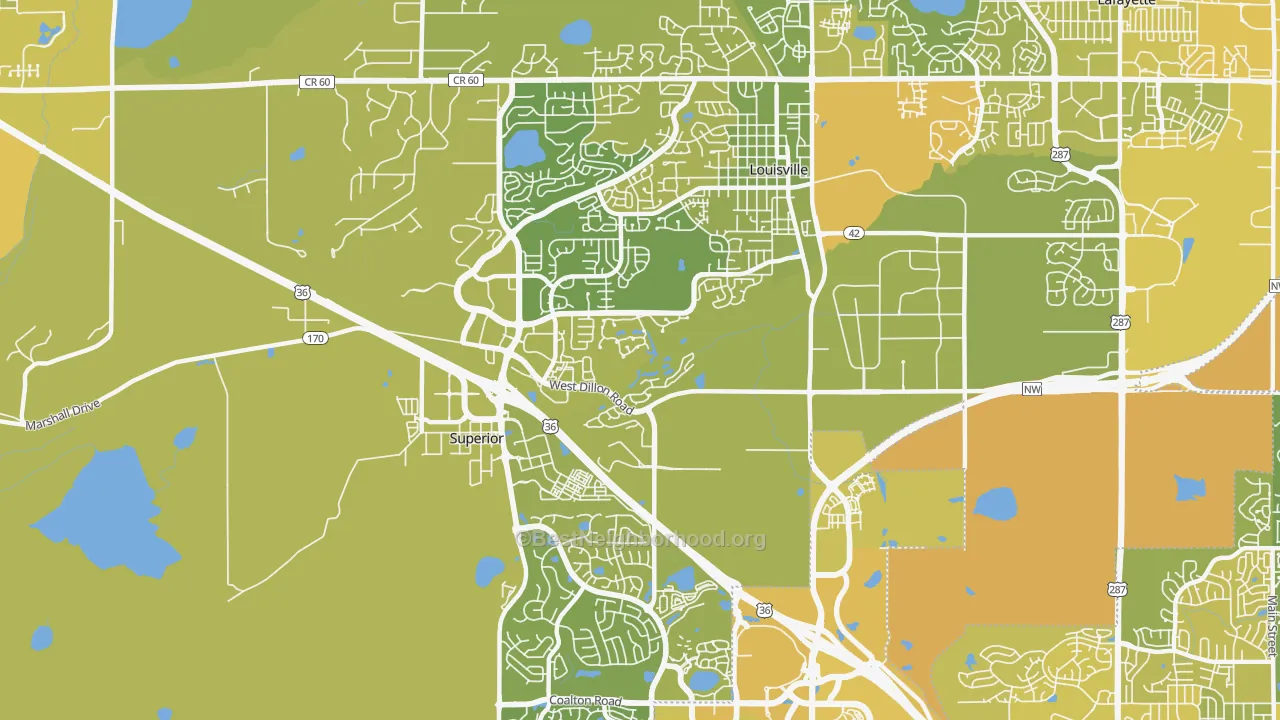 Map of the best neighborhoods in the 80027 area, with better matches in green and worse matches in red