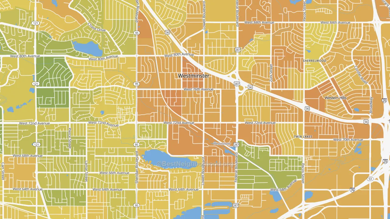 Map of the best neighborhoods in the 80030 area, with better matches in green and worse matches in red