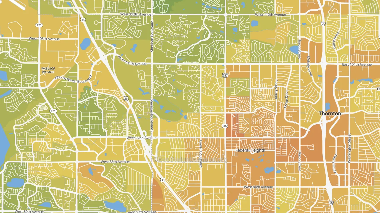 Map of the best neighborhoods in the 80031 area, with better matches in green and worse matches in red