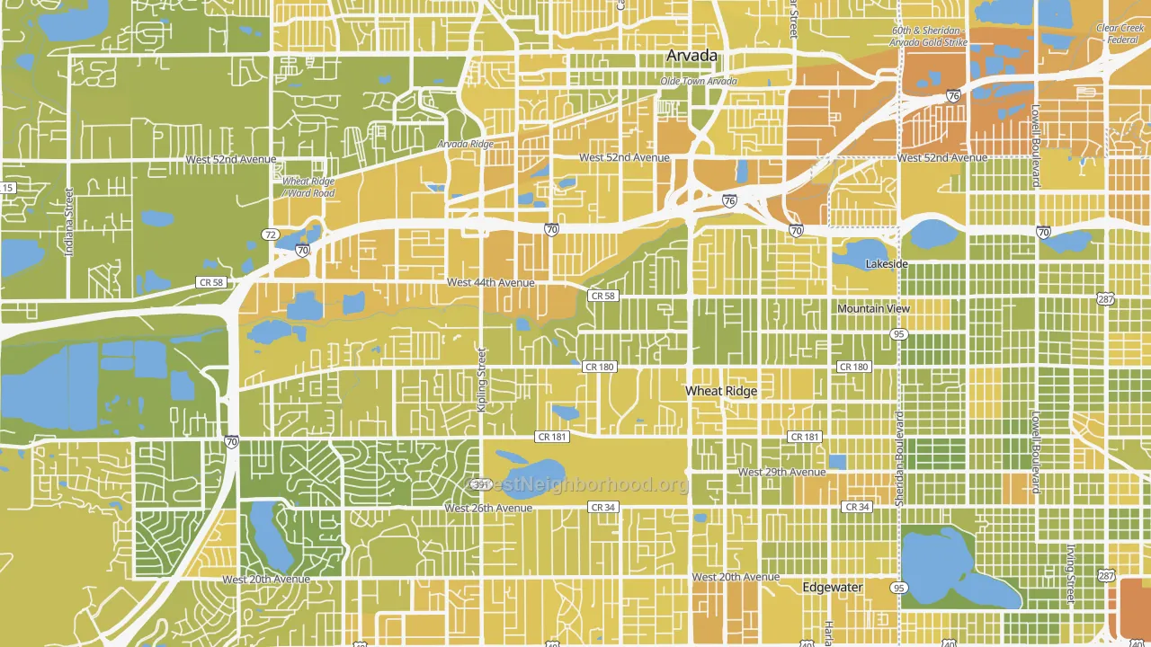 Map of the best neighborhoods in the 80033 area, with better matches in green and worse matches in red