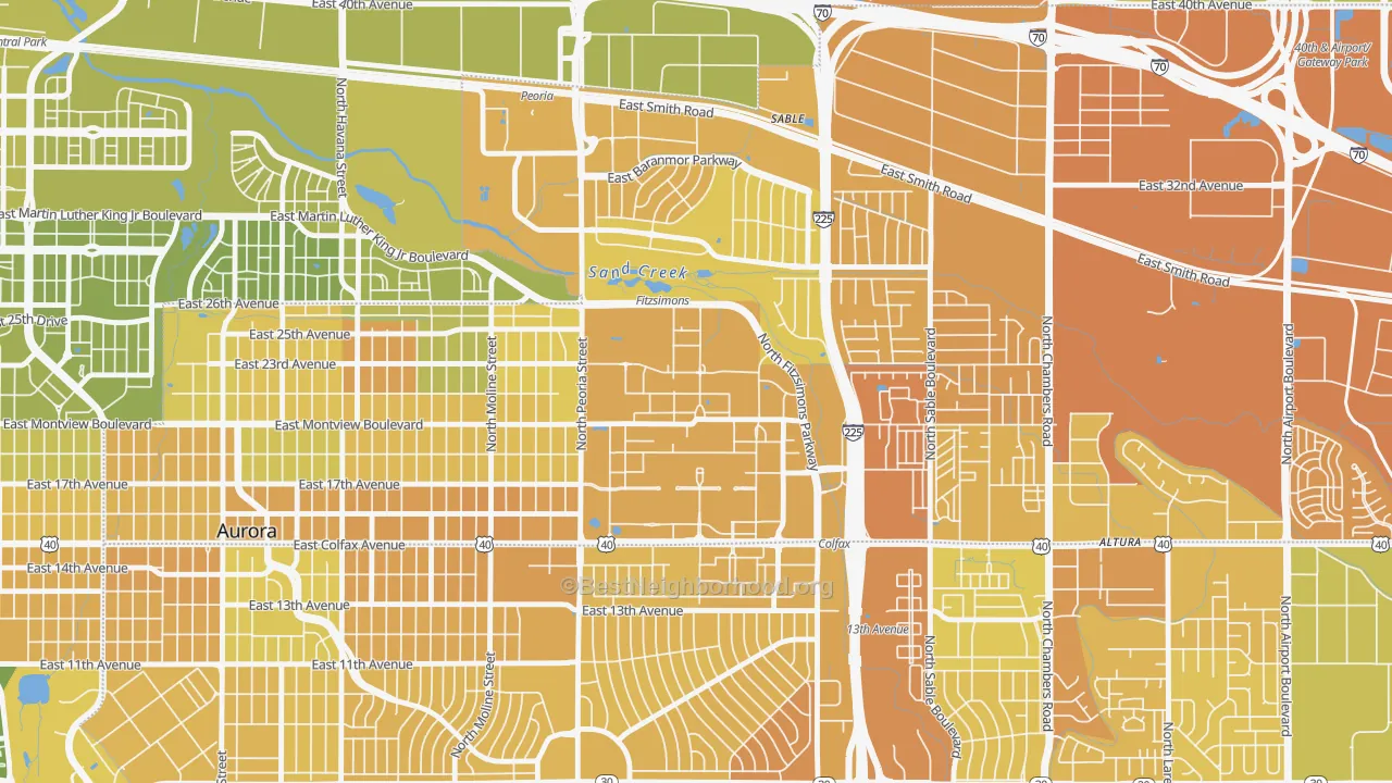 Map of the best neighborhoods in the 80045 area, with better matches in green and worse matches in red