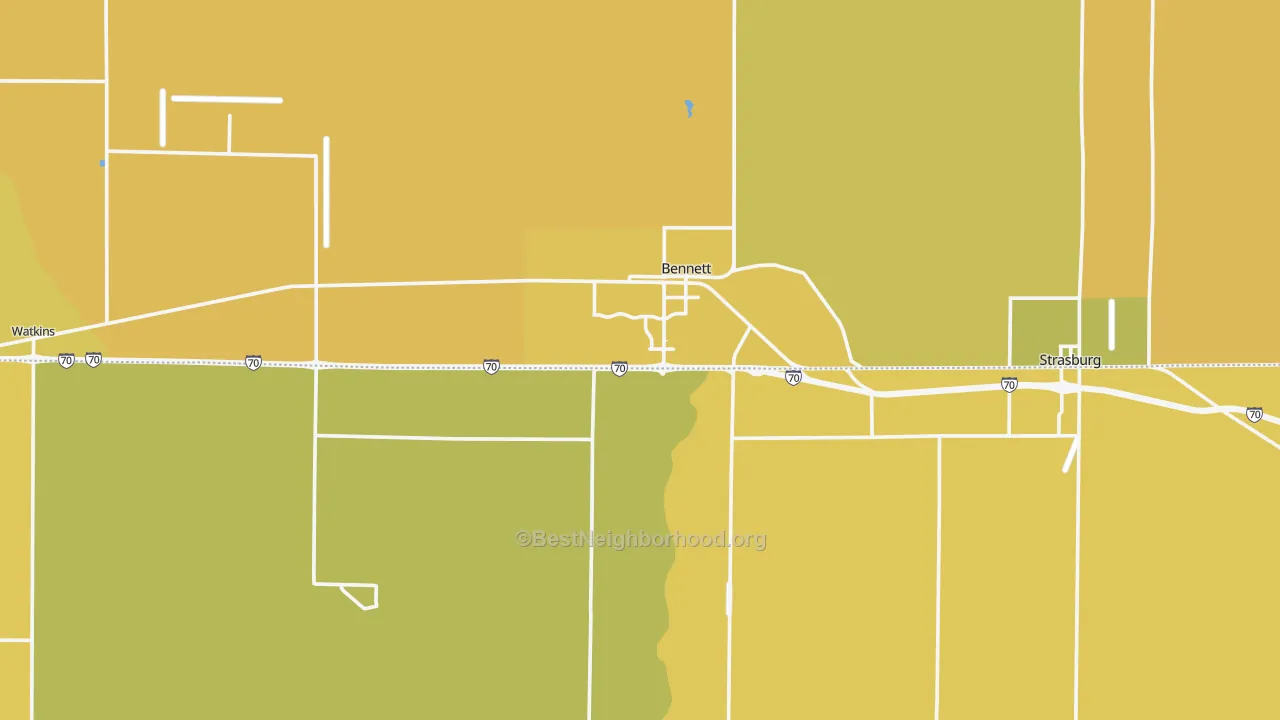 Map of the best neighborhoods in the 80102 area, with better matches in green and worse matches in red