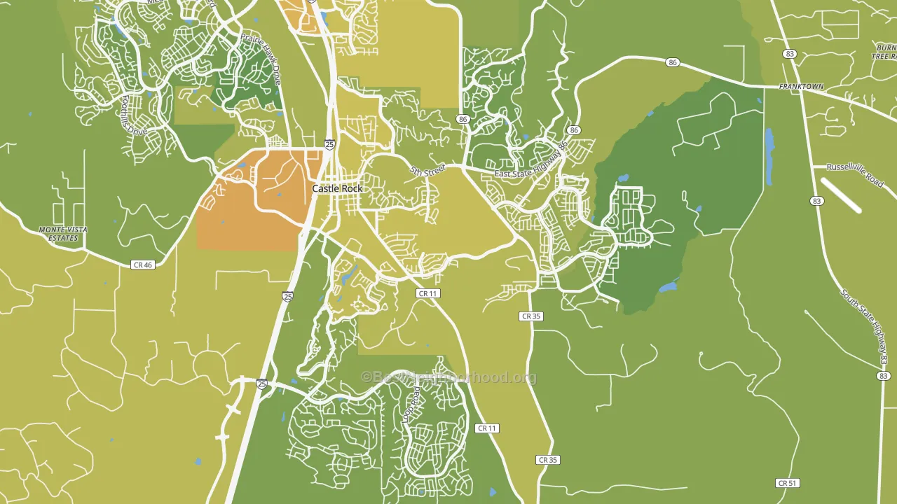 Map of the best neighborhoods in the 80104 area, with better matches in green and worse matches in red