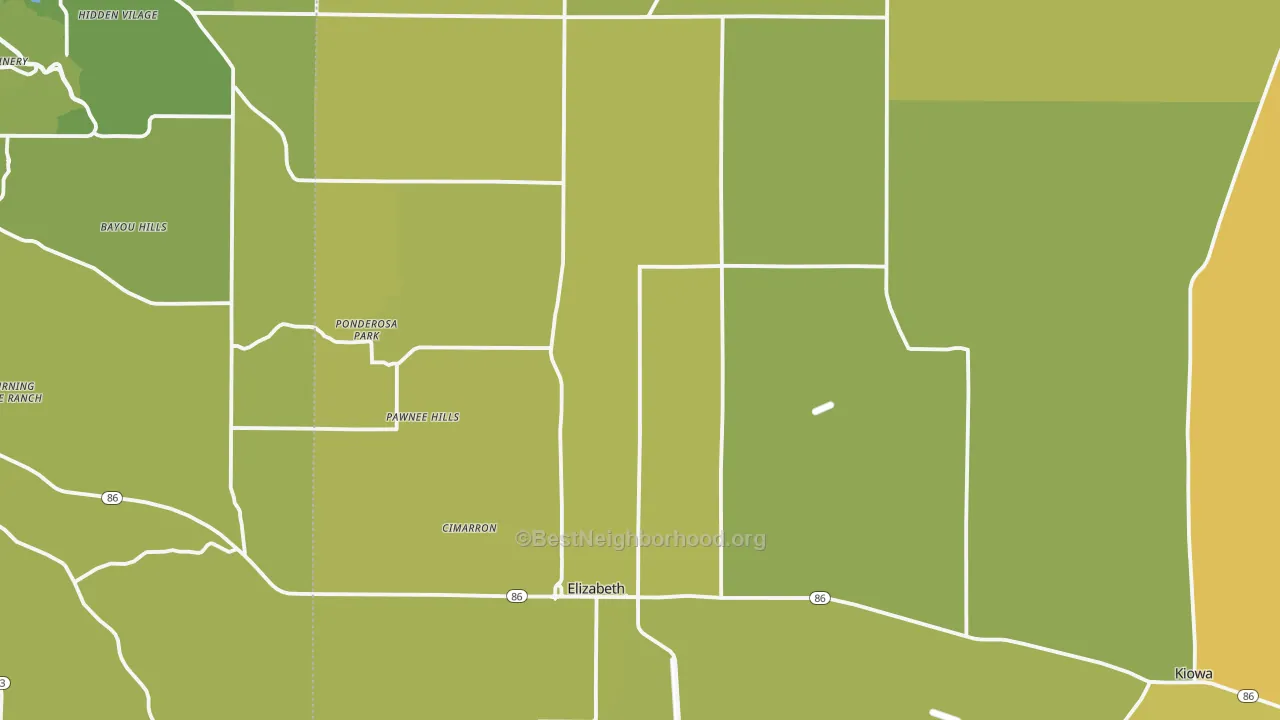 Map of the best neighborhoods in the 80107 area, with better matches in green and worse matches in red