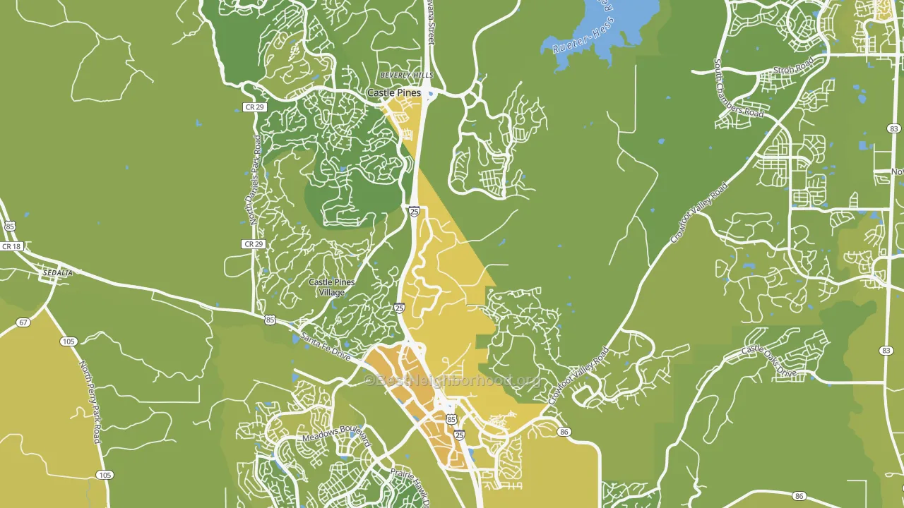 Map of the best neighborhoods in the 80108 area, with better matches in green and worse matches in red