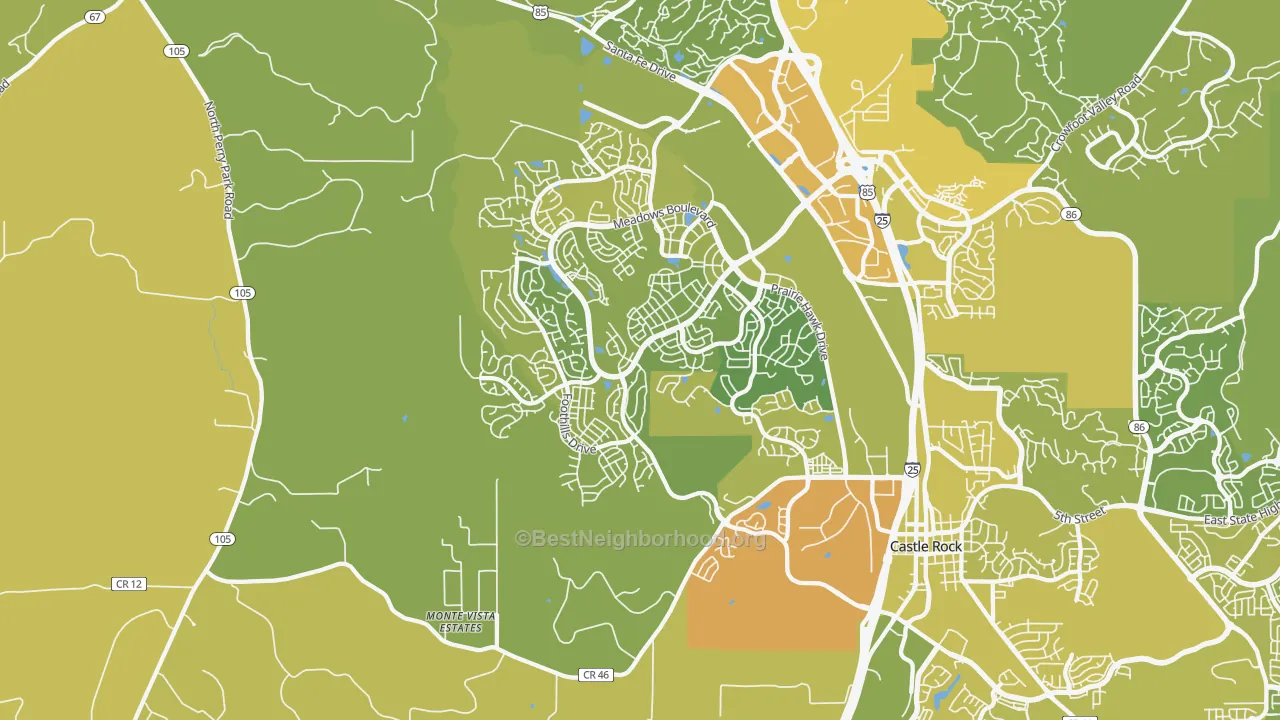 Map of the best neighborhoods in the 80109 area, with better matches in green and worse matches in red