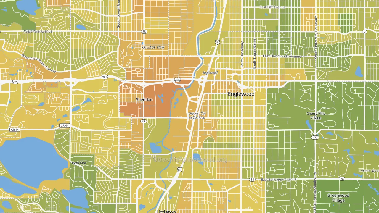Map of the best neighborhoods in the 80110 area, with better matches in green and worse matches in red