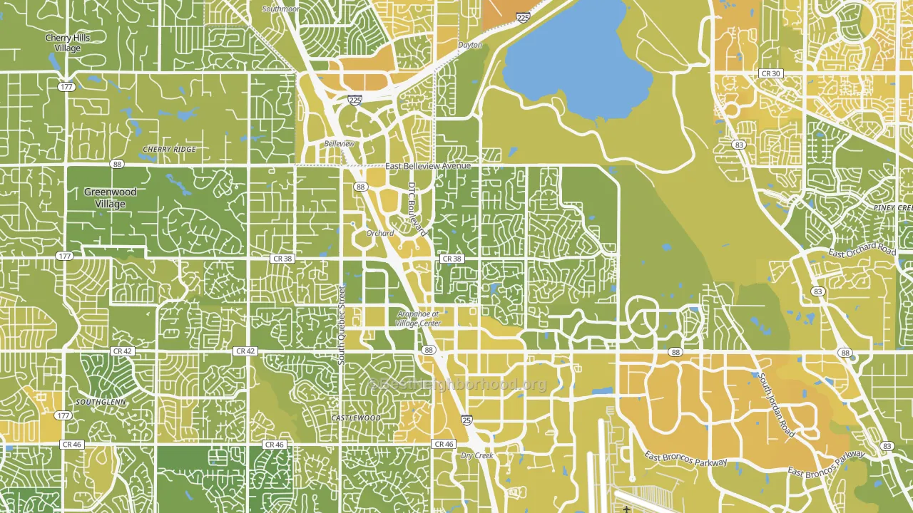 Map of the best neighborhoods in the 80111 area, with better matches in green and worse matches in red