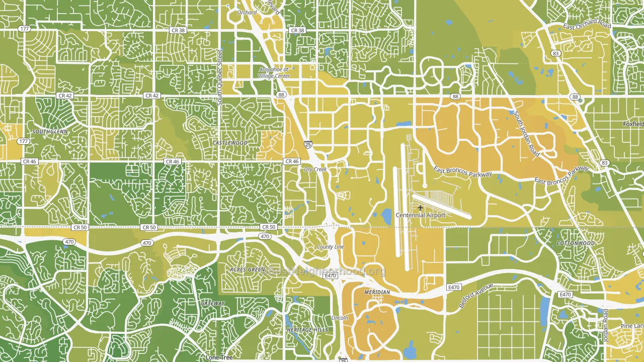 Map of the best neighborhoods in the 80112 area, with better matches in green and worse matches in red