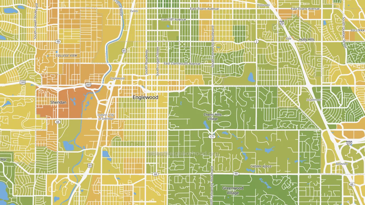 Map of the best neighborhoods in the 80113 area, with better matches in green and worse matches in red