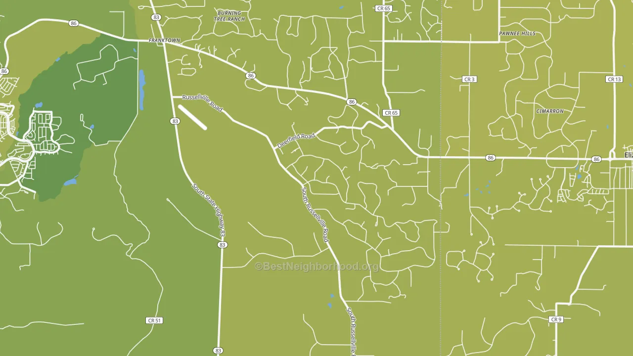 Map of the best neighborhoods in the 80116 area, with better matches in green and worse matches in red