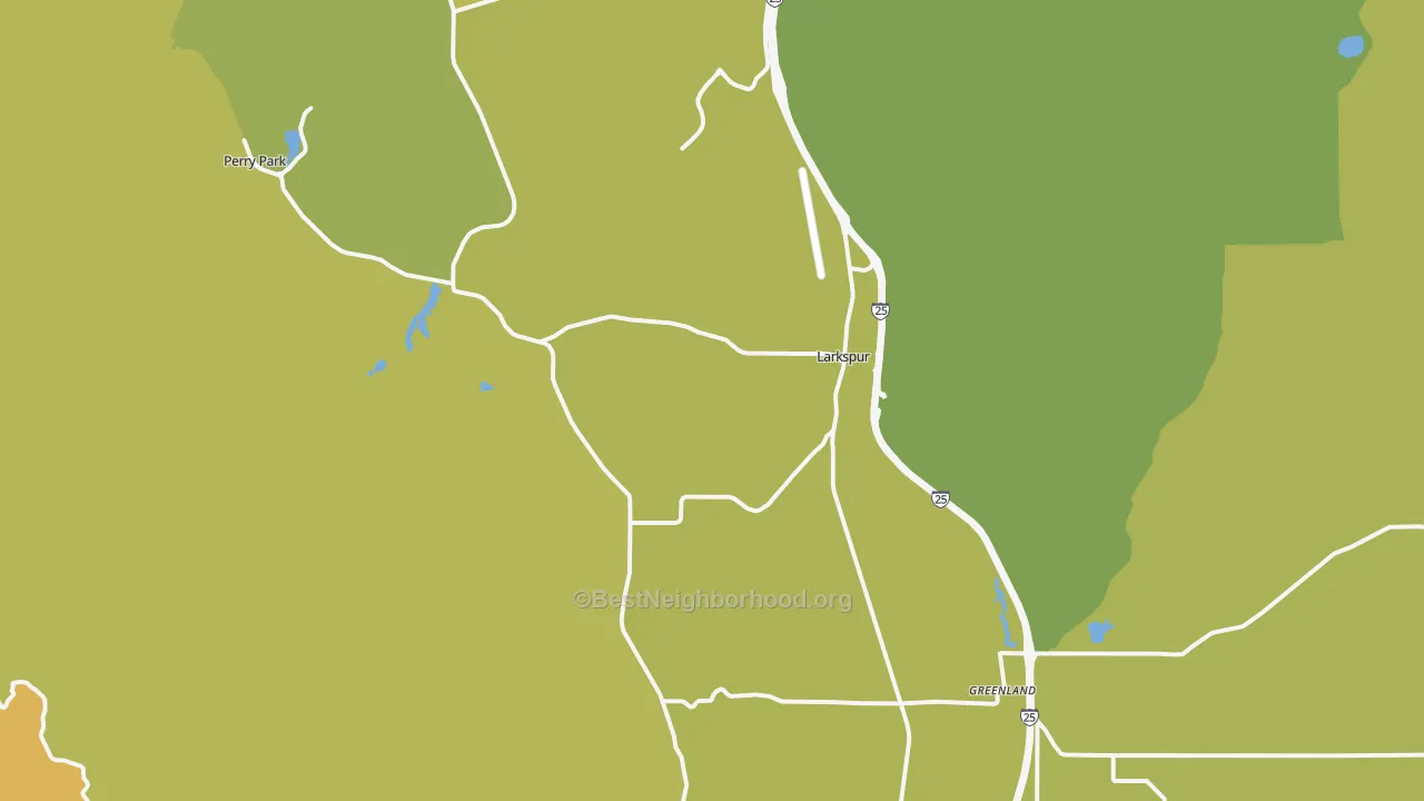 Map of the best neighborhoods in the 80118 area, with better matches in green and worse matches in red