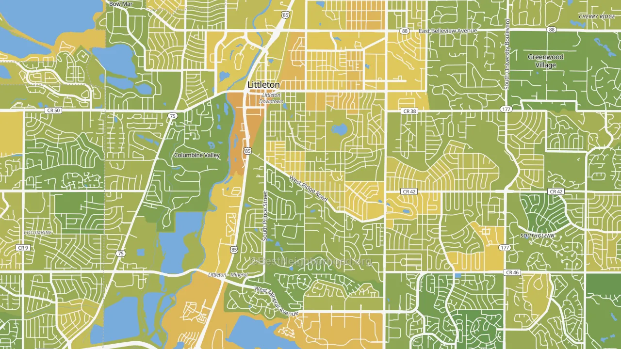 Map of the best neighborhoods in the 80120 area, with better matches in green and worse matches in red