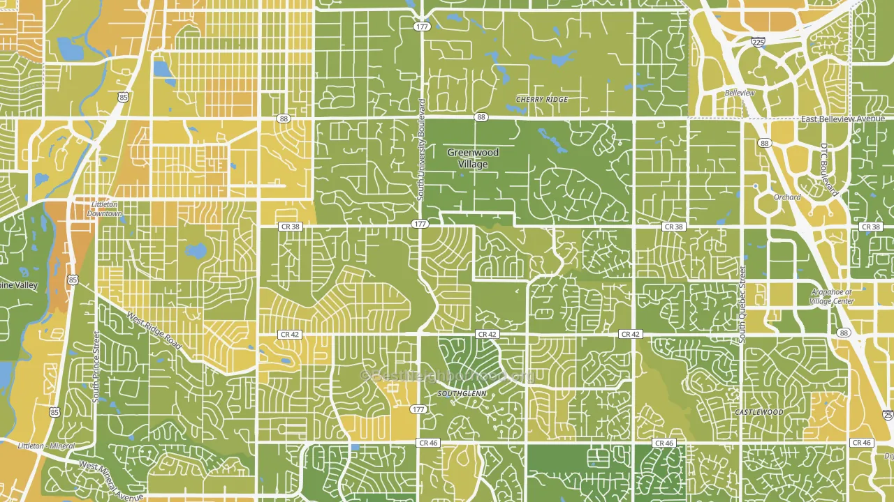 Map of the best neighborhoods in the 80121 area, with better matches in green and worse matches in red