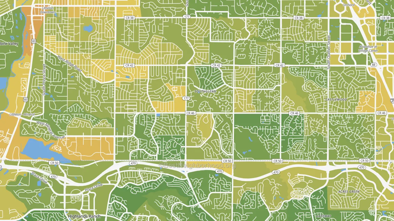 Map of the best neighborhoods in the 80122 area, with better matches in green and worse matches in red
