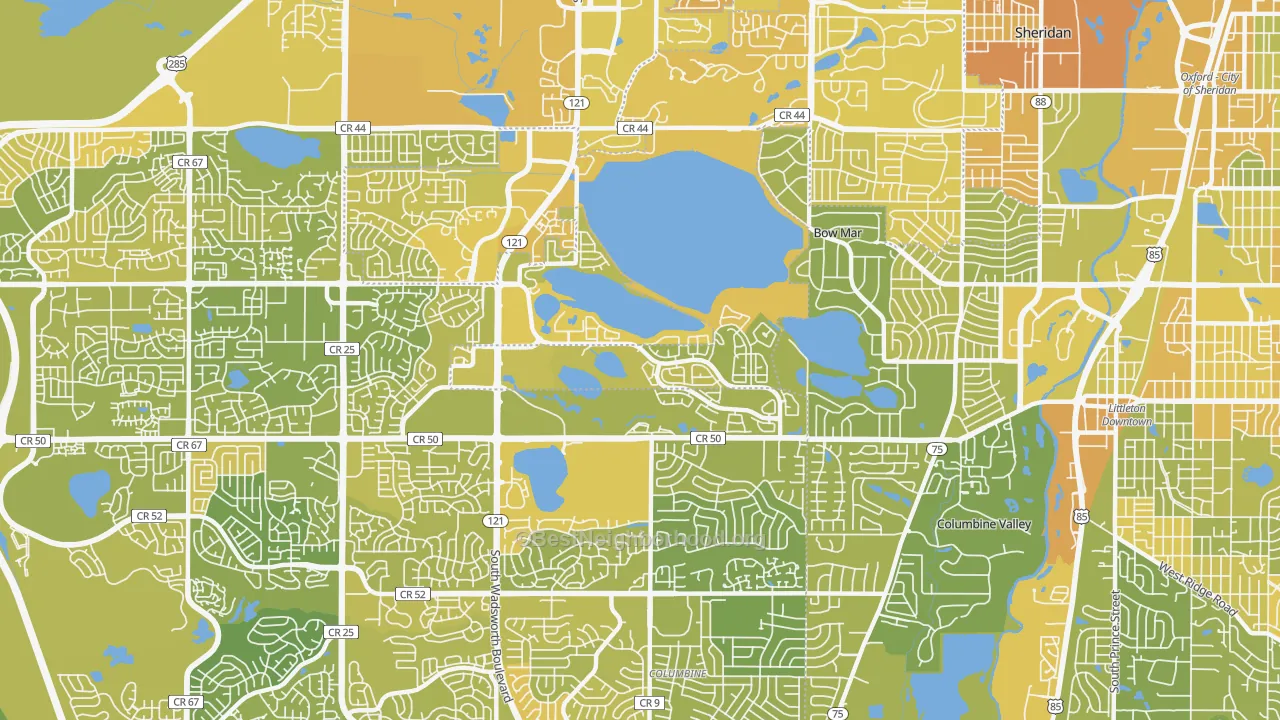 Map of the best neighborhoods in the 80123 area, with better matches in green and worse matches in red