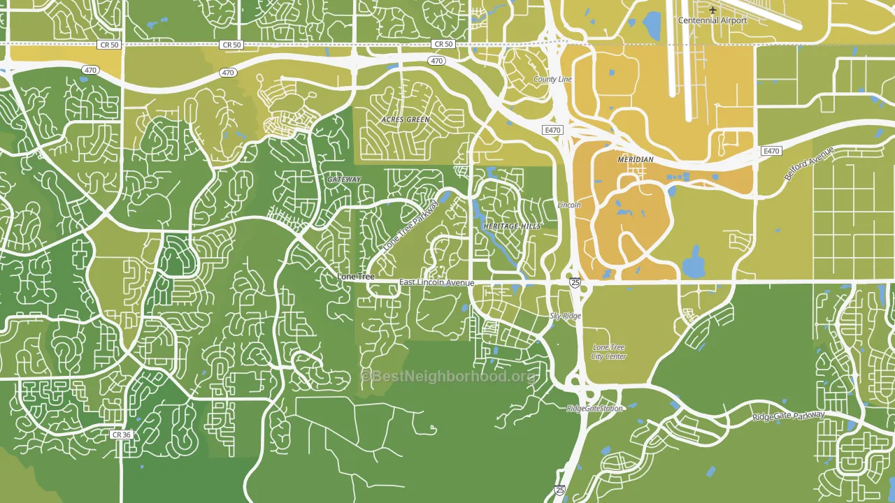 Map of the best neighborhoods in the 80124 area, with better matches in green and worse matches in red