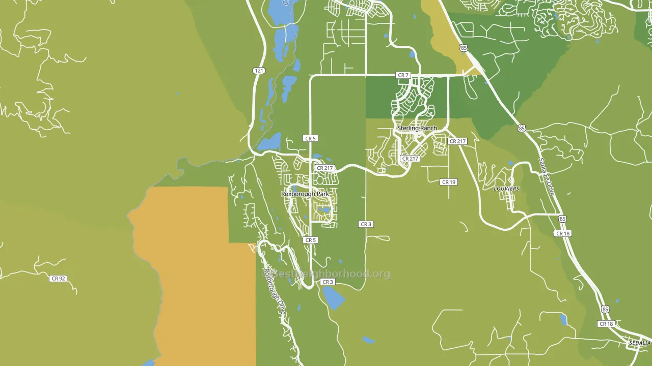 Map of the best neighborhoods in the 80125 area, with better matches in green and worse matches in red
