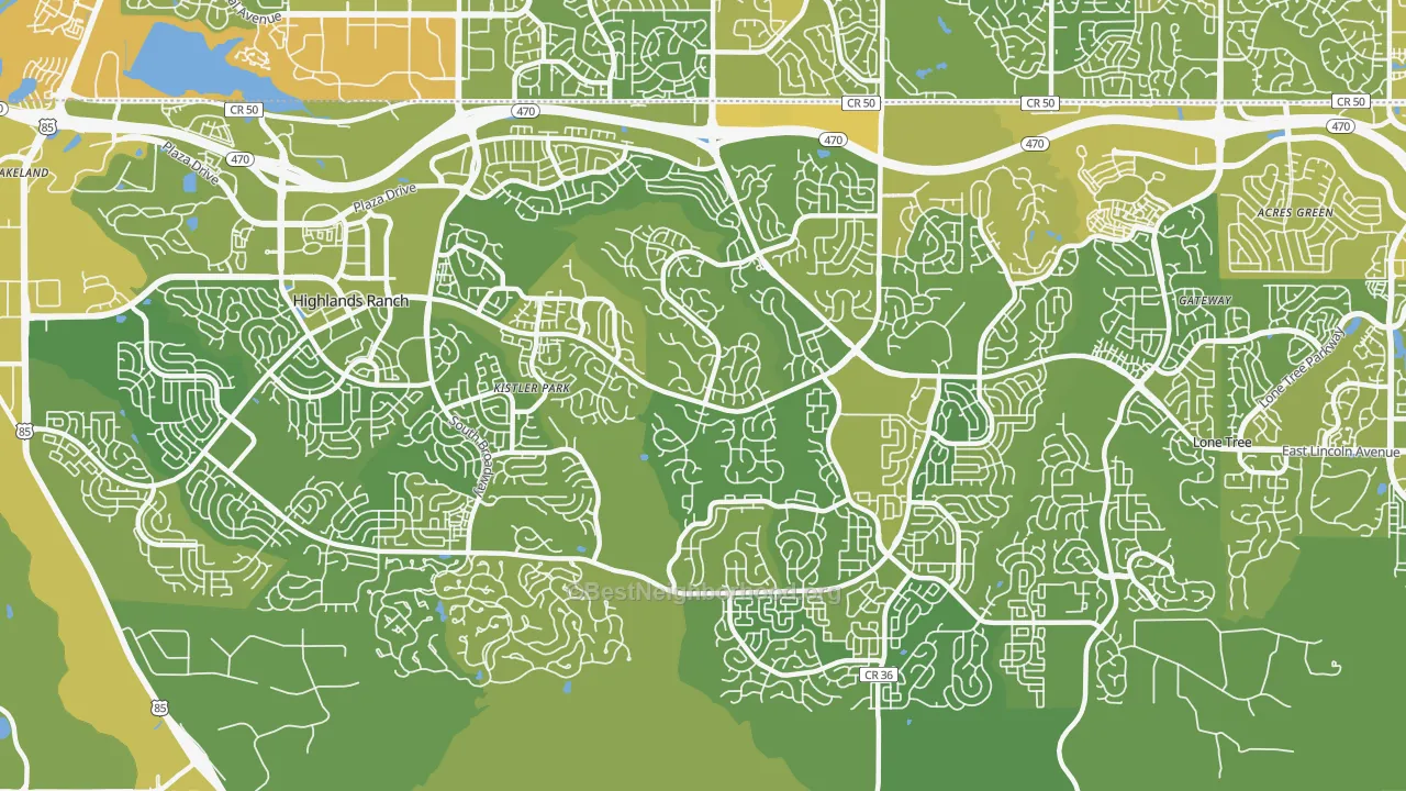 Map of the best neighborhoods in the 80126 area, with better matches in green and worse matches in red