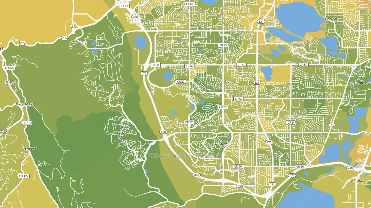 Map of the best neighborhoods in the 80127 area, with better matches in green and worse matches in red