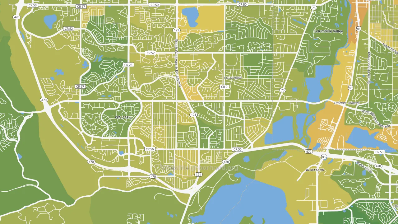 Map of the best neighborhoods in the 80128 area, with better matches in green and worse matches in red