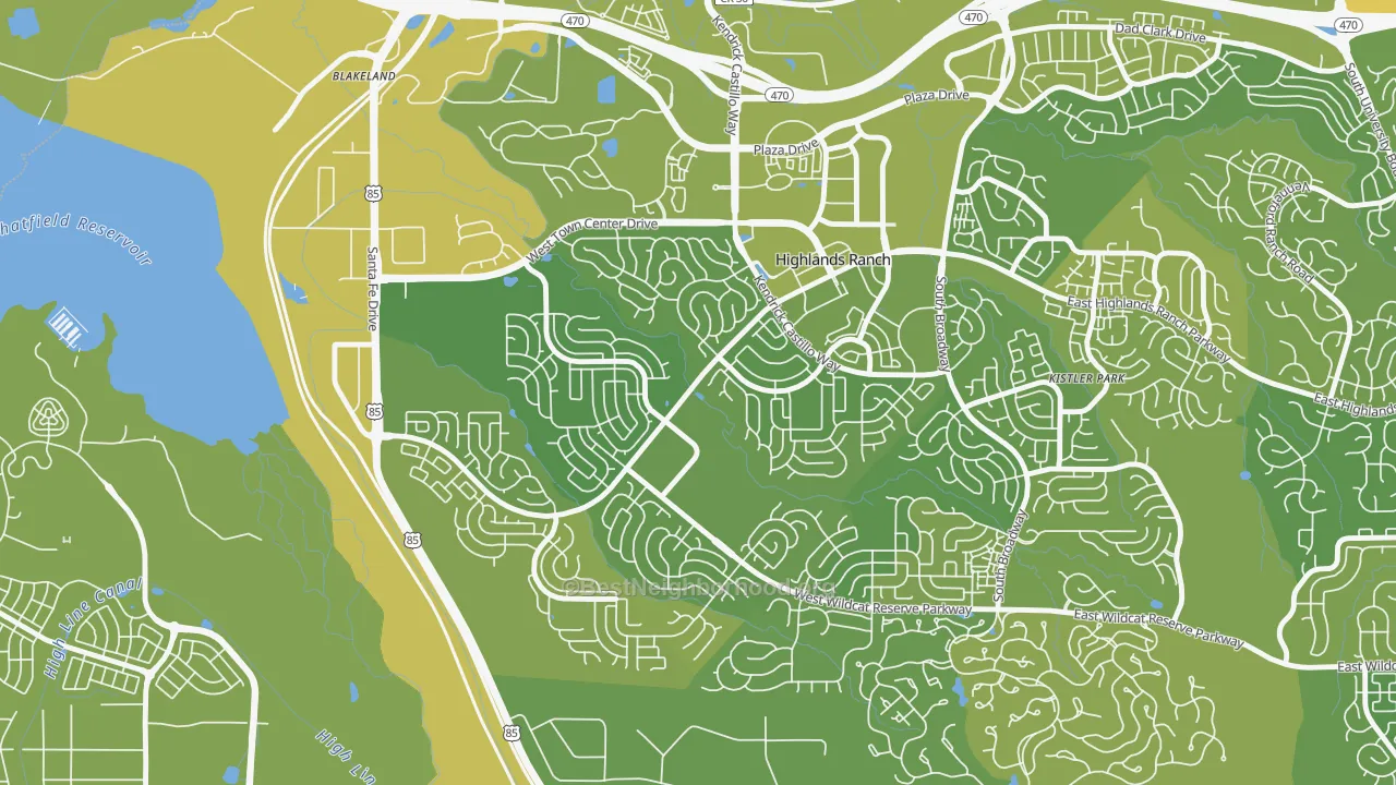 Map of the best neighborhoods in the 80129 area, with better matches in green and worse matches in red