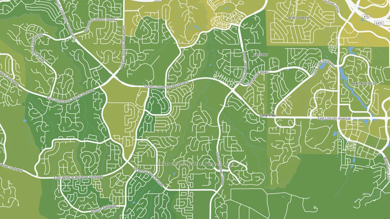 Map of the best neighborhoods in the 80130 area, with better matches in green and worse matches in red