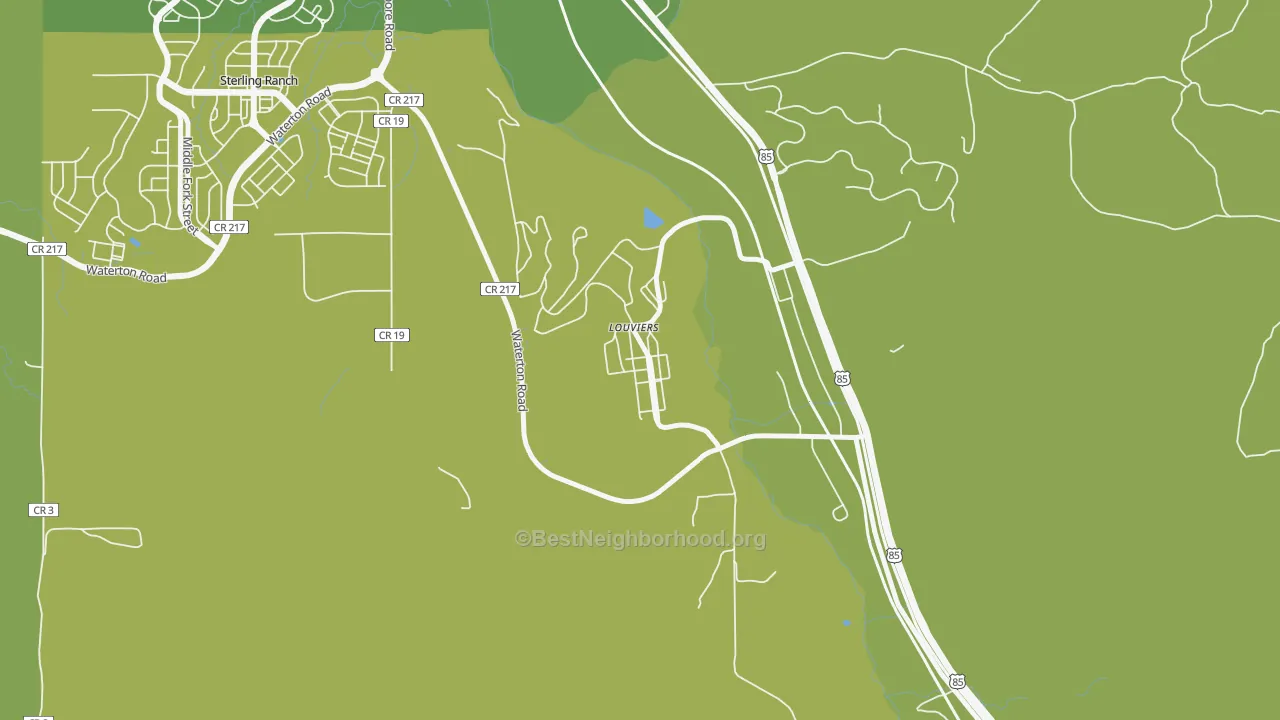 Map of the best neighborhoods in the 80131 area, with better matches in green and worse matches in red