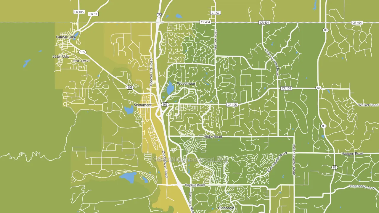 Map of the best neighborhoods in the 80132 area, with better matches in green and worse matches in red