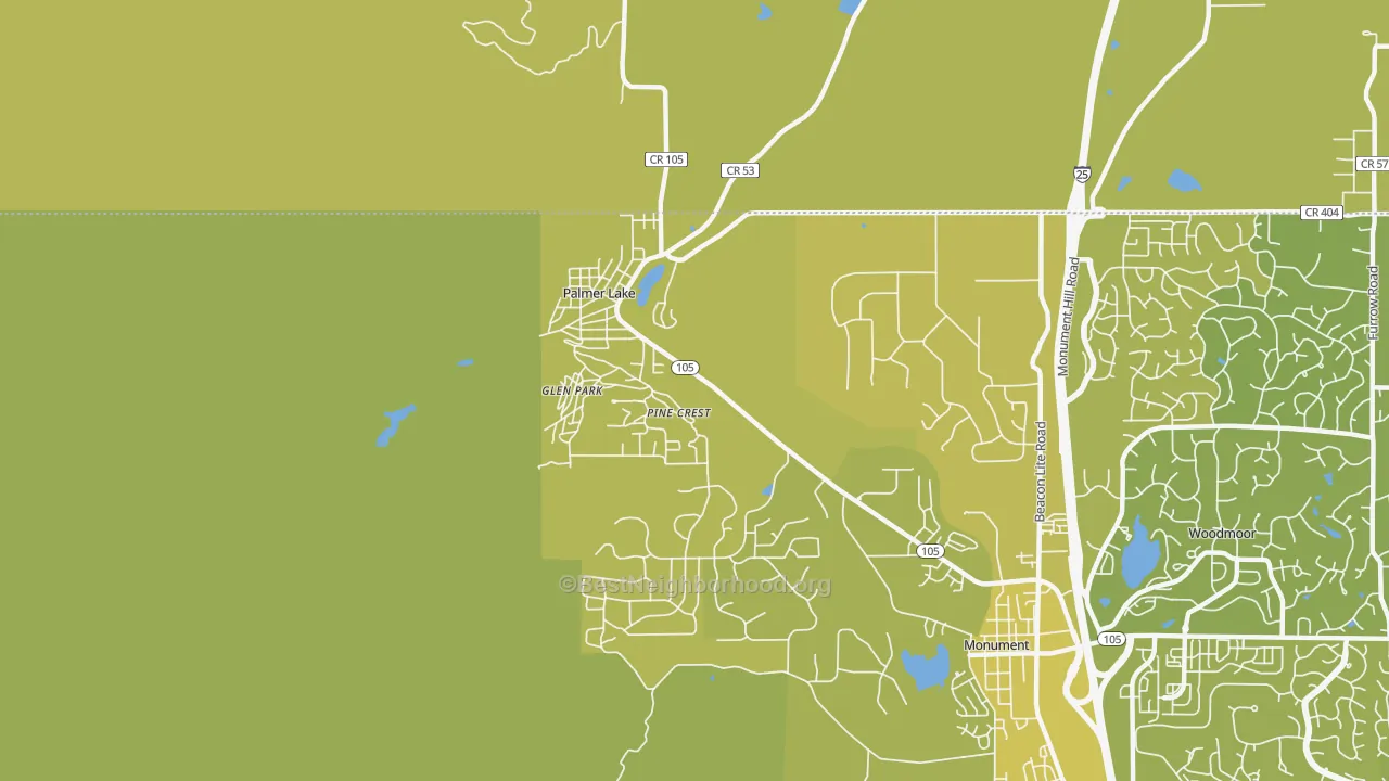 Map of the best neighborhoods in the 80133 area, with better matches in green and worse matches in red