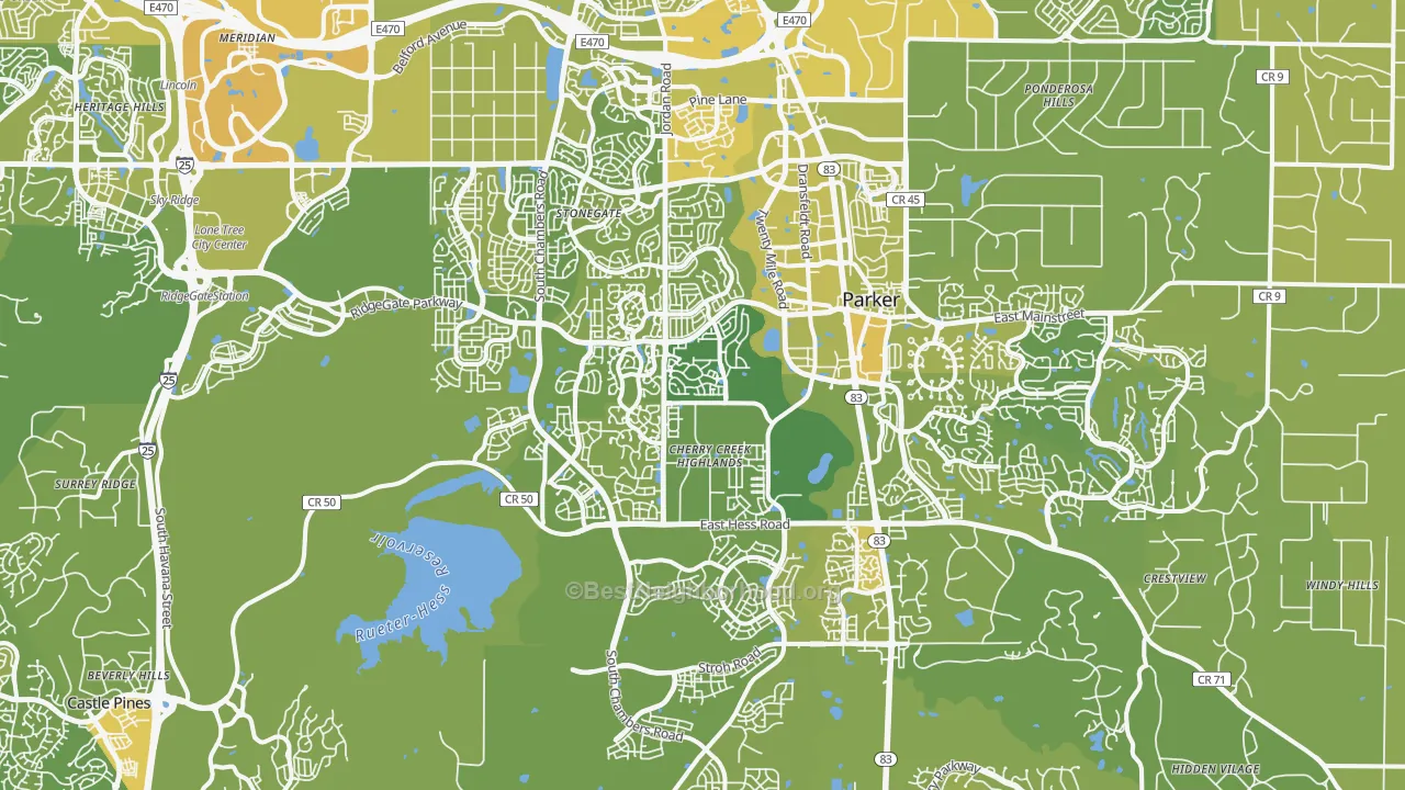 Map of the best neighborhoods in the 80134 area, with better matches in green and worse matches in red