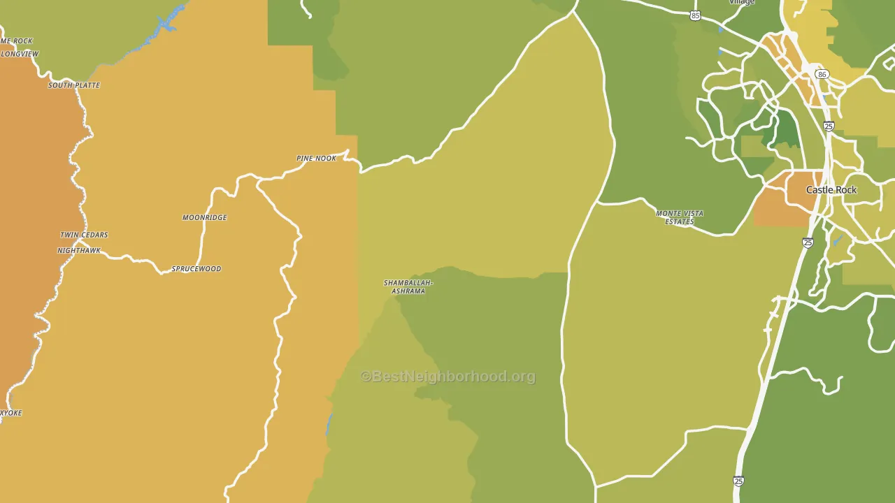 Map of the best neighborhoods in the 80135 area, with better matches in green and worse matches in red