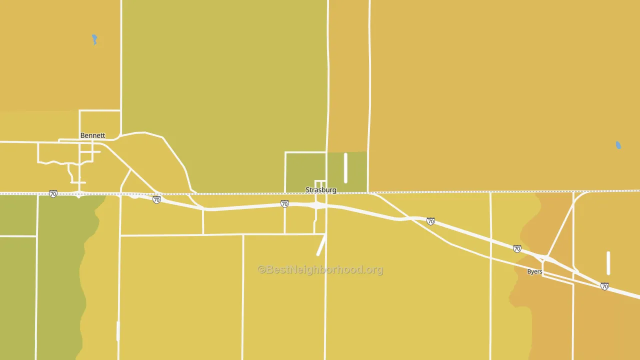 Map of the best neighborhoods in the 80136 area, with better matches in green and worse matches in red