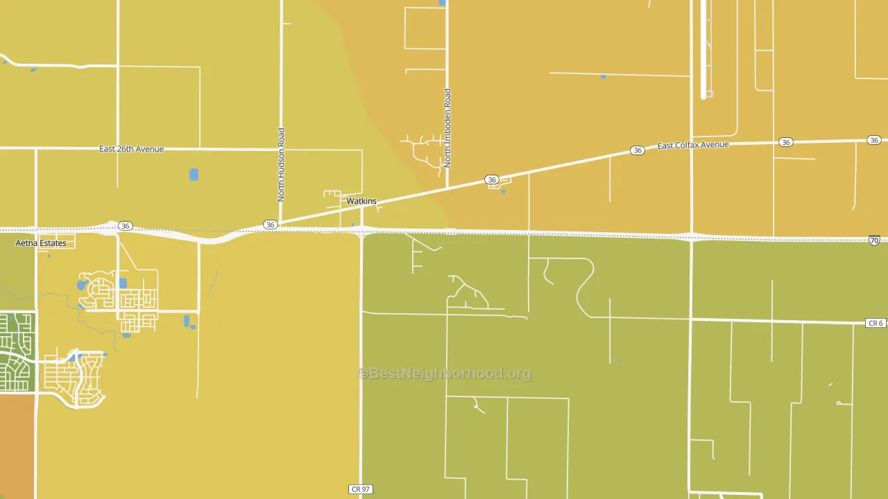 Map of the best neighborhoods in the 80137 area, with better matches in green and worse matches in red